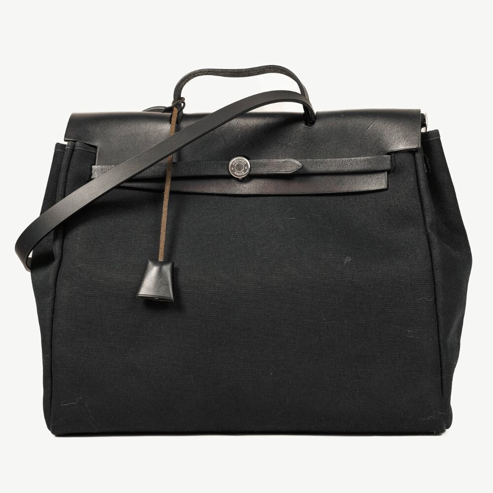Hermes Vintage Herbag 39 Black Canvas Leather-Trim Top Handle Bag